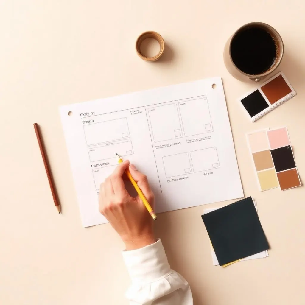 Designer sketching website wireframes with color swatches
